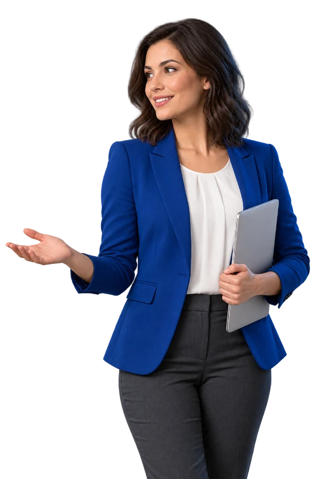 Fotorealistische KI-Illustration einer Frau mit blauem Blazer und Laptop